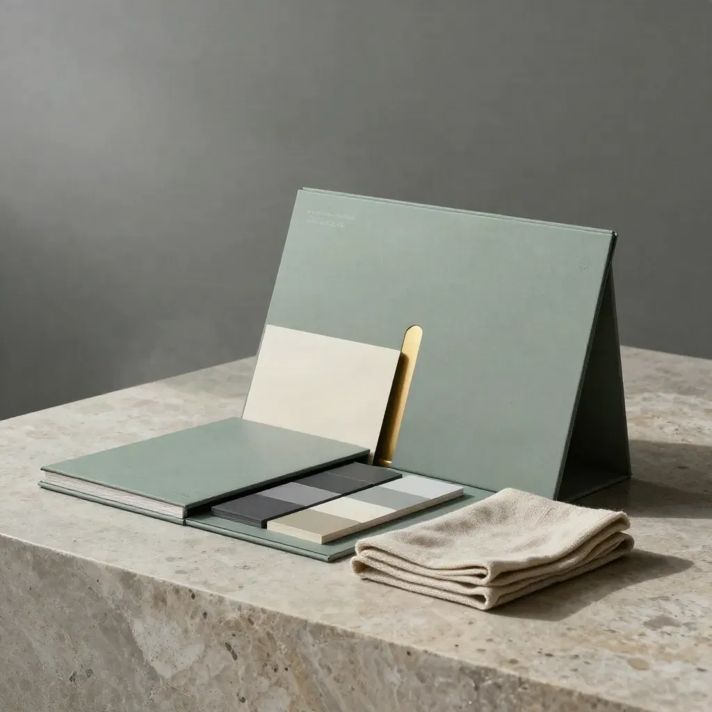 Open strategy kit box on pale stone with brass details, swatches and cloth in drizzle.
