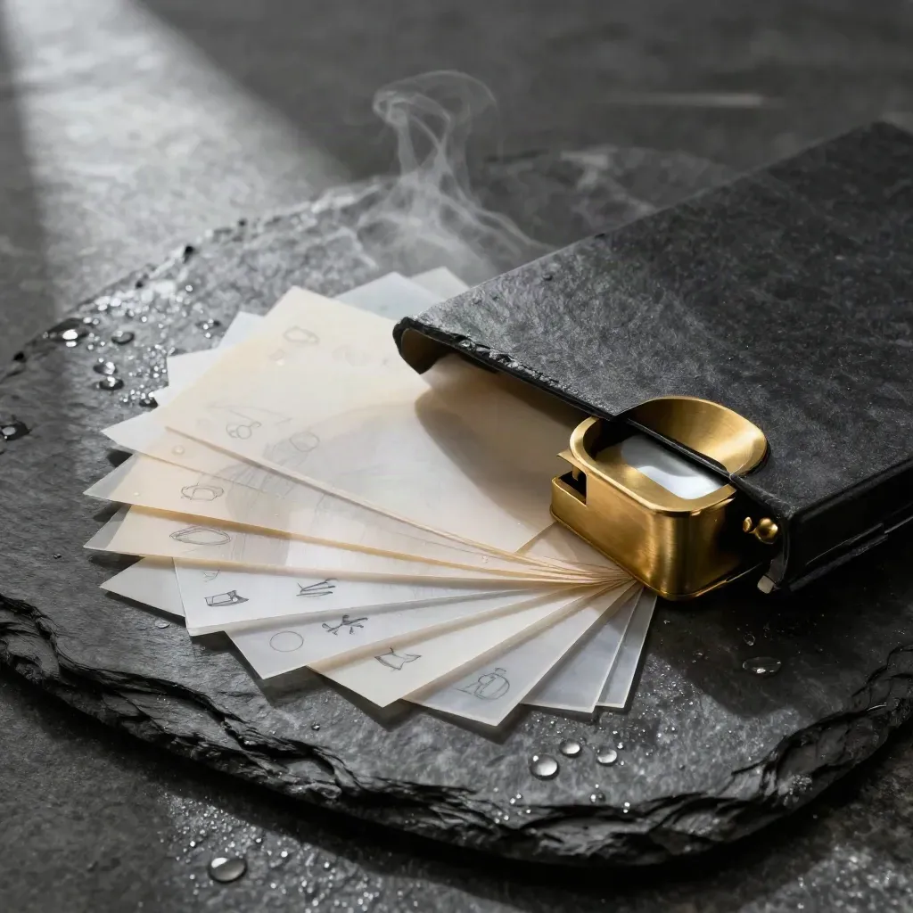 Unmarked portfolio sleeve with symbol samples, tracing paper and brass weight on wet slate
