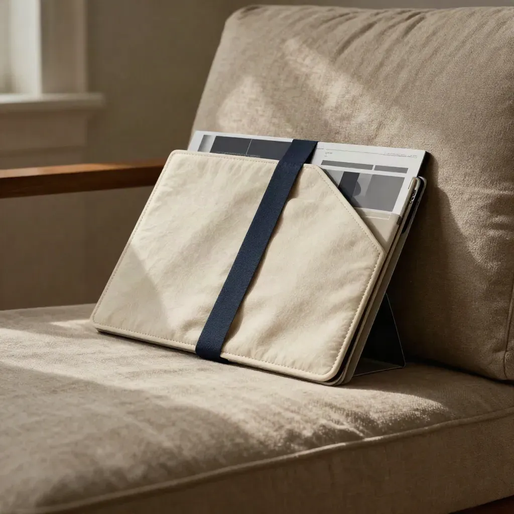 Website planning folio with linen wrap and tablet stand in soft daylight