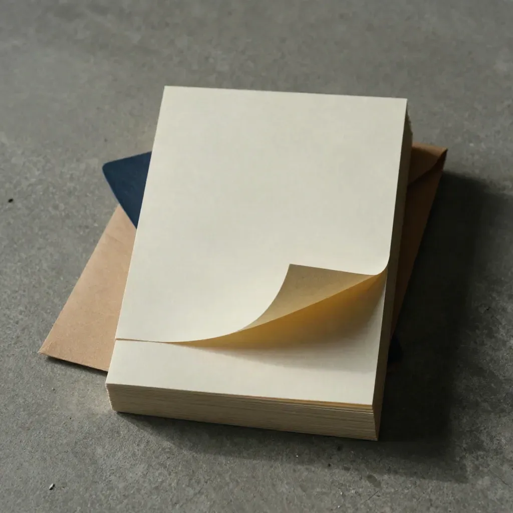 Top-down macro of a copy folio, loosened paper band, curled cards and folded envelope on concrete.