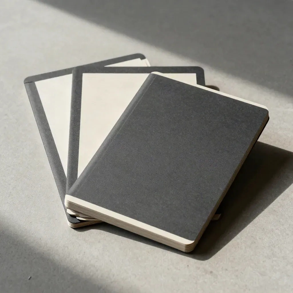 Overhead dark folder with cream insert, lifted card and folded envelope on pale concrete