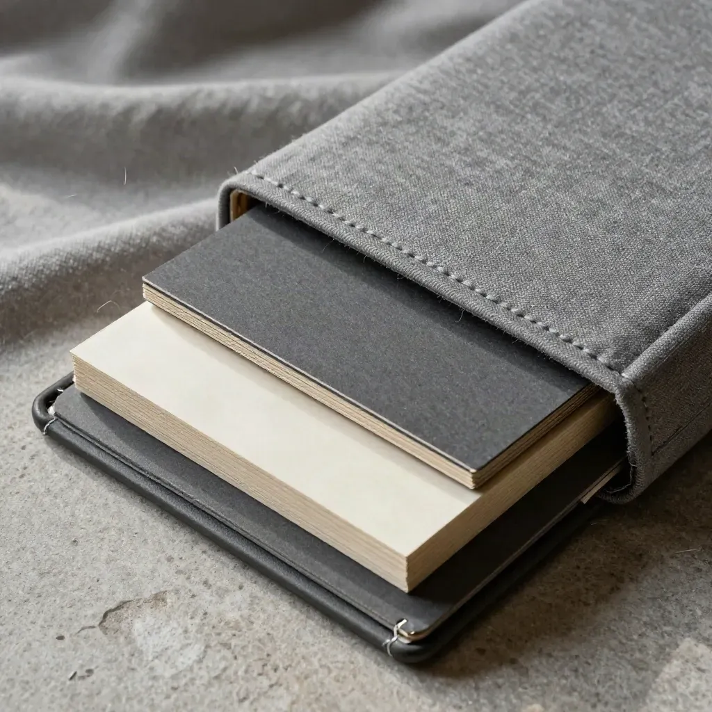 Overhead macro of a rigid brand case half-buried in calico with layered cards on pale stone.
