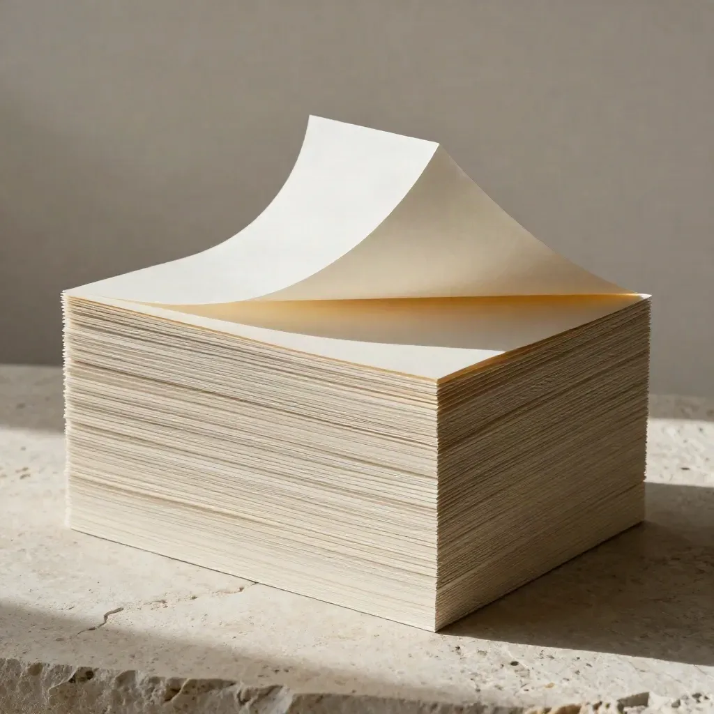 Layered cream paper landing-page board on pale stone with raking shadows