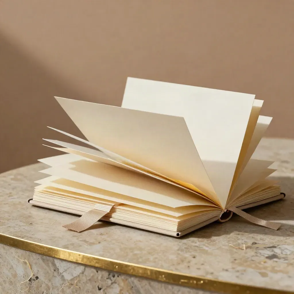 Half-open brand voice guide folio with bookmark and blank cards on warm stone.