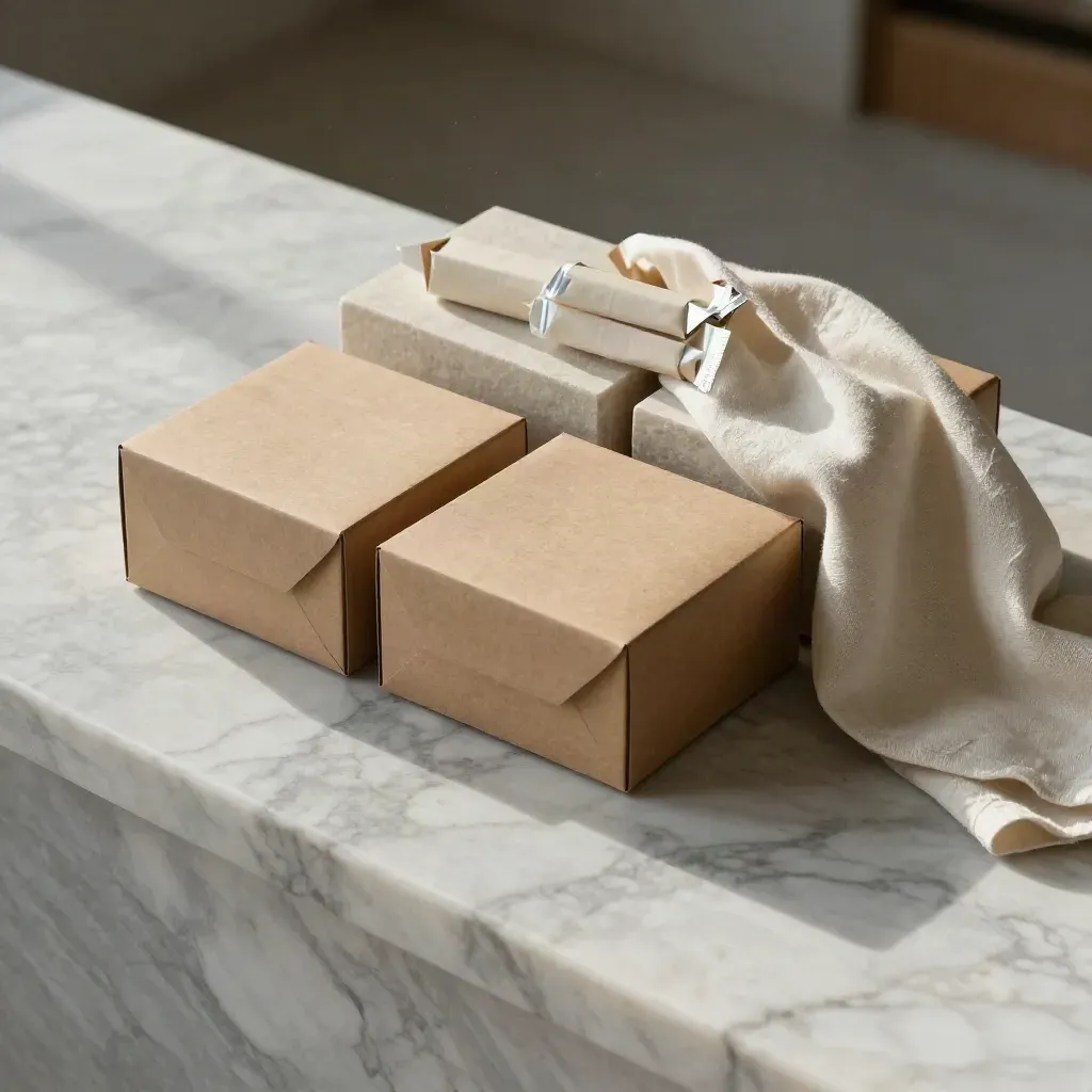 Overhead marble scene with kraft boxes, linen and a stone block in soft sun.