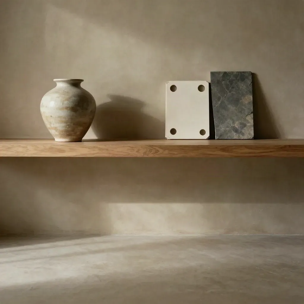 Warm plaster room with oak shelf, ceramic vase and open lower copy space for web pages.