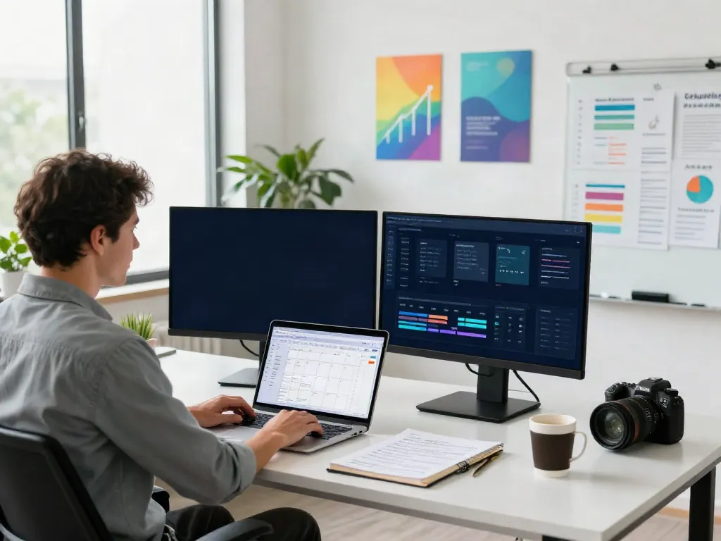 SEO specialist utilizing instant indexing tools in a bright digital marketing office.